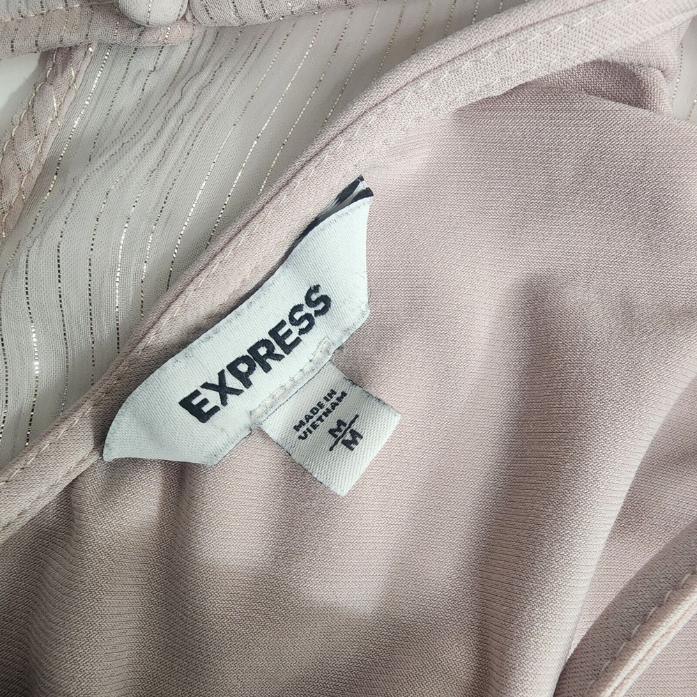 Express Bodysuit Pale Pink Metallic Stripe‎ Sheer Balloon Sleeve Womens Medium - Picture 5 of 8